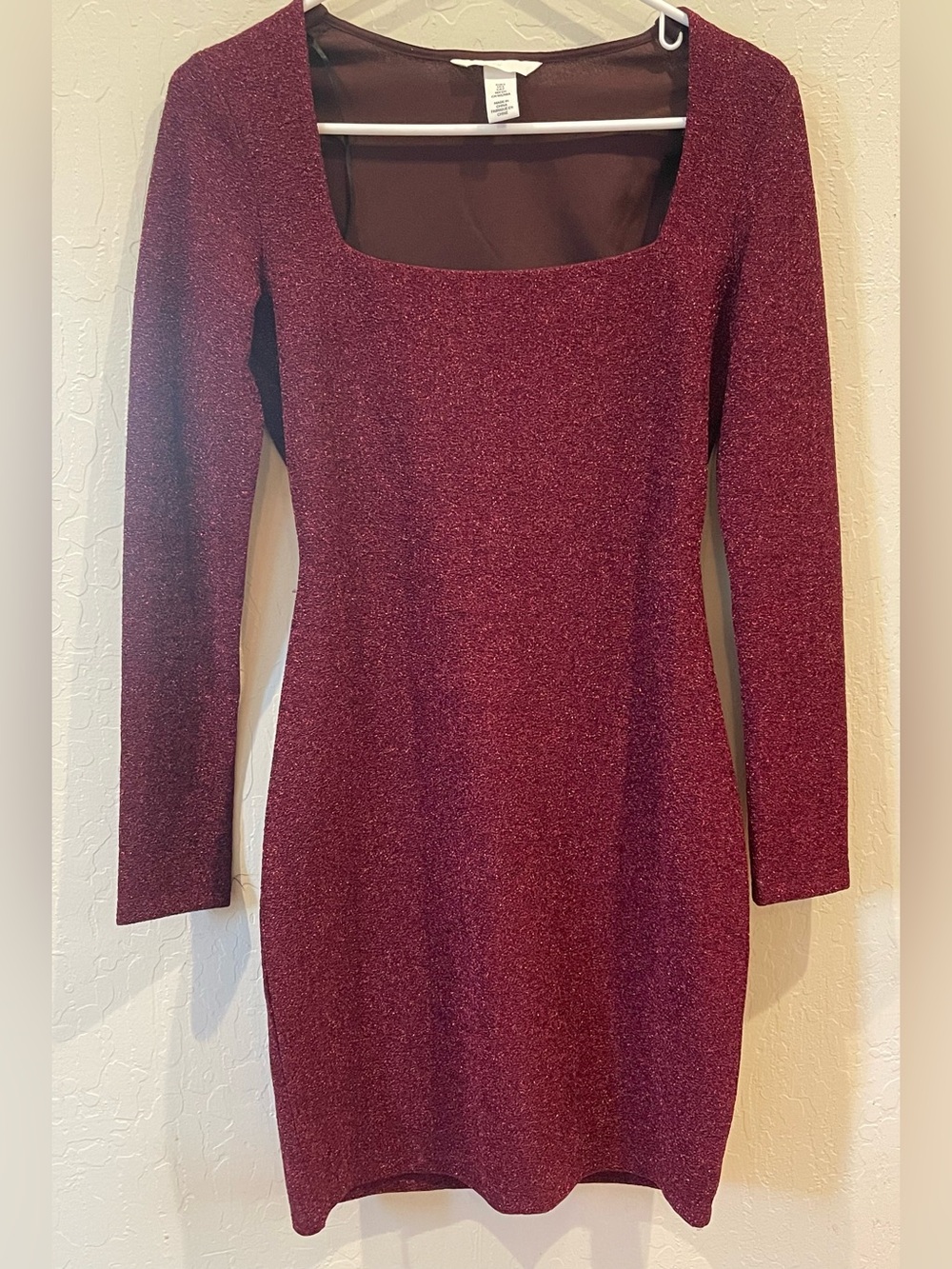 H&M Sparkling Burgundy Long Sleeve Square Neck Dress